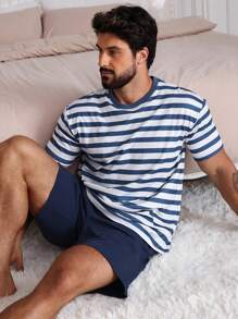 DAZY 多色条纹T恤搭配男士睡衣套装，夏季 - 彩色 - 查看 6