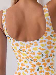 Swim Mod Floral Print Ruched Square Neck One-Piece Swimsuit (Print Styles May Vary) - Yellow - View 5