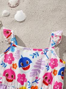 BABY SHARK X SHEIN Baby Girl Floral & Cartoon Shark Print Sleeveless Ruffle Trim Romper, Cool & Breathable Summer Outfit