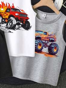 3pcs/Set Monster Truck Graphic Pack Of Casual Sleeveless Tanks For Young Boys, Summer, School, Campus, College