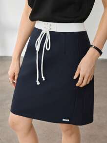 DAZY Women Summer Casual Fitted Colour Blocking Drawstring Tie Waist Decorated Letter Hem Short Straight Skirt - Navy Blue - View 2