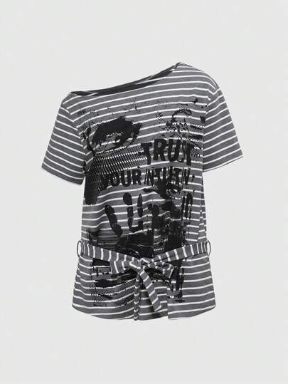 Goth Sexy Asymmetrical Shoulder Tie Waist Stripe Contrast Color Palm Eye Slogan Print Summer Loose Women T-Shirt