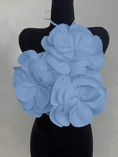 DreamSkyne 大码女式领结白色花卉装饰罗纹紧身无袖上衣