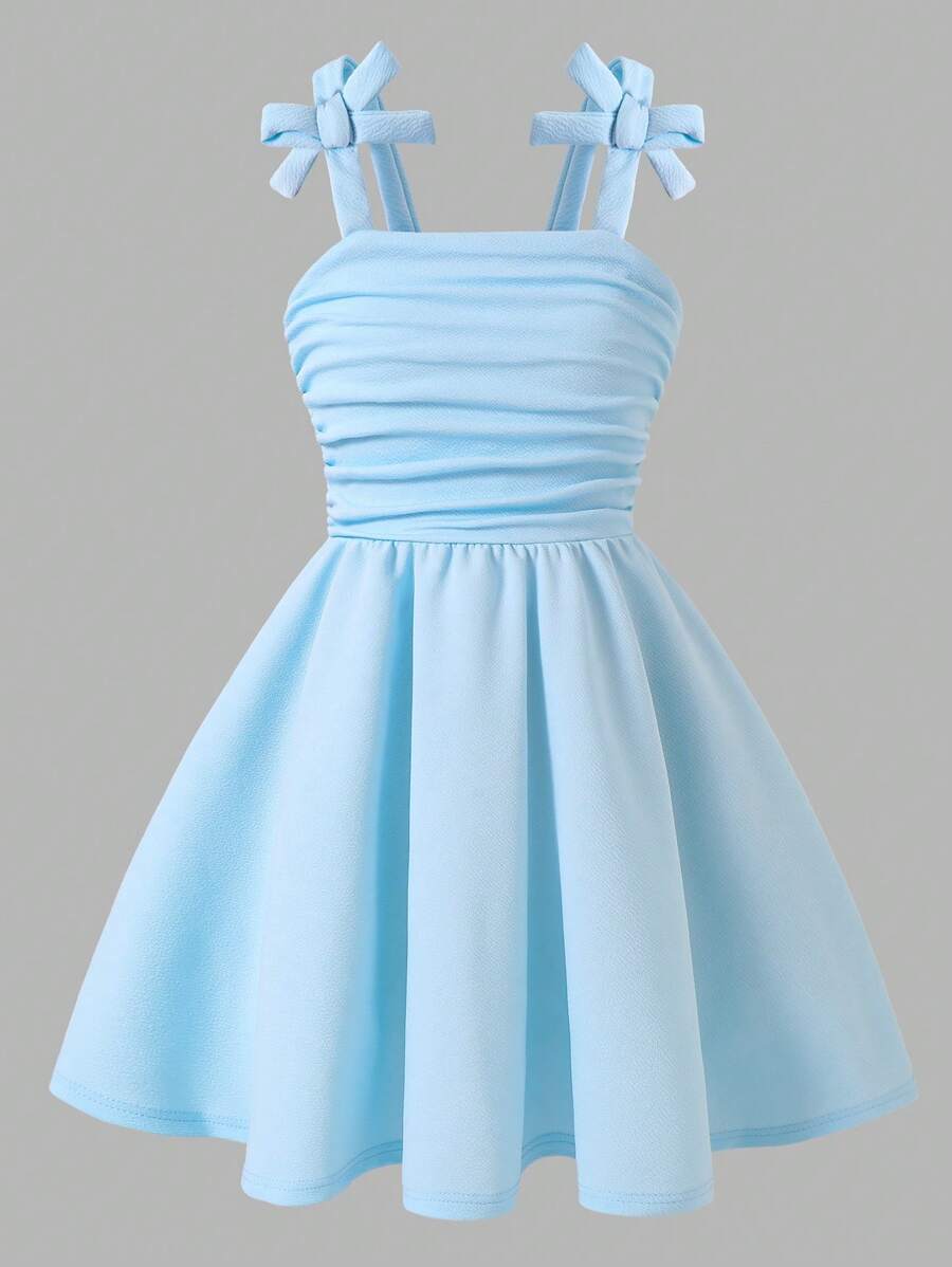Sparklyn Tween Girls' Bow Detail Strap Ruffle Elegant Dress, Fashionable & Chic - Blue - View 1