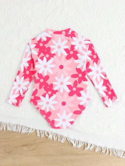 Traje de baño de una pieza con estampado 2025 para niñas, de manga larga y con cremallera, ropa de playa para niñas pequeñas/niñas