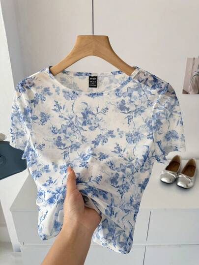 SHEIN LUNE Blue & White Print Sheer Net Crew Neck Short Sleeve Women T-Shirt, Casual Vacation Daily Wear, Spring & Summer  Tops Cute Summer Tops Beach Vacation Outfits Cute Tops Mesh Top Vacation Tops Sheer Top