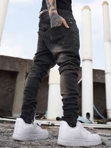 Manfinity EMRG Men's Casual Acid-Wash Slant Pocket Slim Fit Skinny Jeans Going Out Urban Hang Out Street Vacation, Emo Style, Grunge - Black - View 2