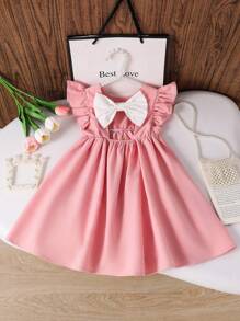 Young Girl Solid Color Round Neck Ruffle Trim Chiffon Dress - Pink - View 4