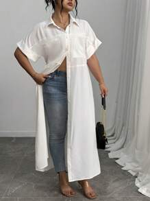 Elenzga Plus Size Woven Collared Pocket Splice Button Front Long Casual Dress - White - View 3
