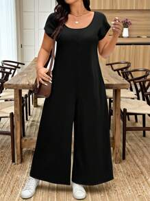 SHEIN LUNE Women's Summer Casual Crew Neck Knitted Short Sleeve Jumpsuit, Black - Black - View 4