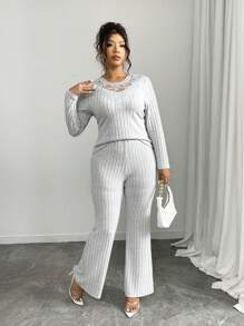 Calvaya Casual Knit Ribbed Contrast Trim V-Neck Wide Leg Jumpsuit For Plus Size Fall Cloth For Women - Grey - View 5