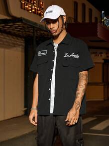 PAVTROS Manfinity Streetrush 男式宽松实用口袋设计休闲衬衫、蓝色纽扣式短袖衬衫、多口袋休闲衬衫、Graphic Los Angeles Reviewer 机械师衬衫 - 黑色 - 查看 5