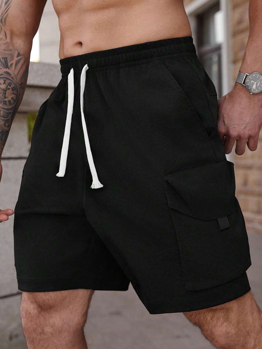 Manfinity Homme Plus Size Men's Solid Color Drawstring Waist Casual Cargo Shorts, Suitable For Spring/Summer