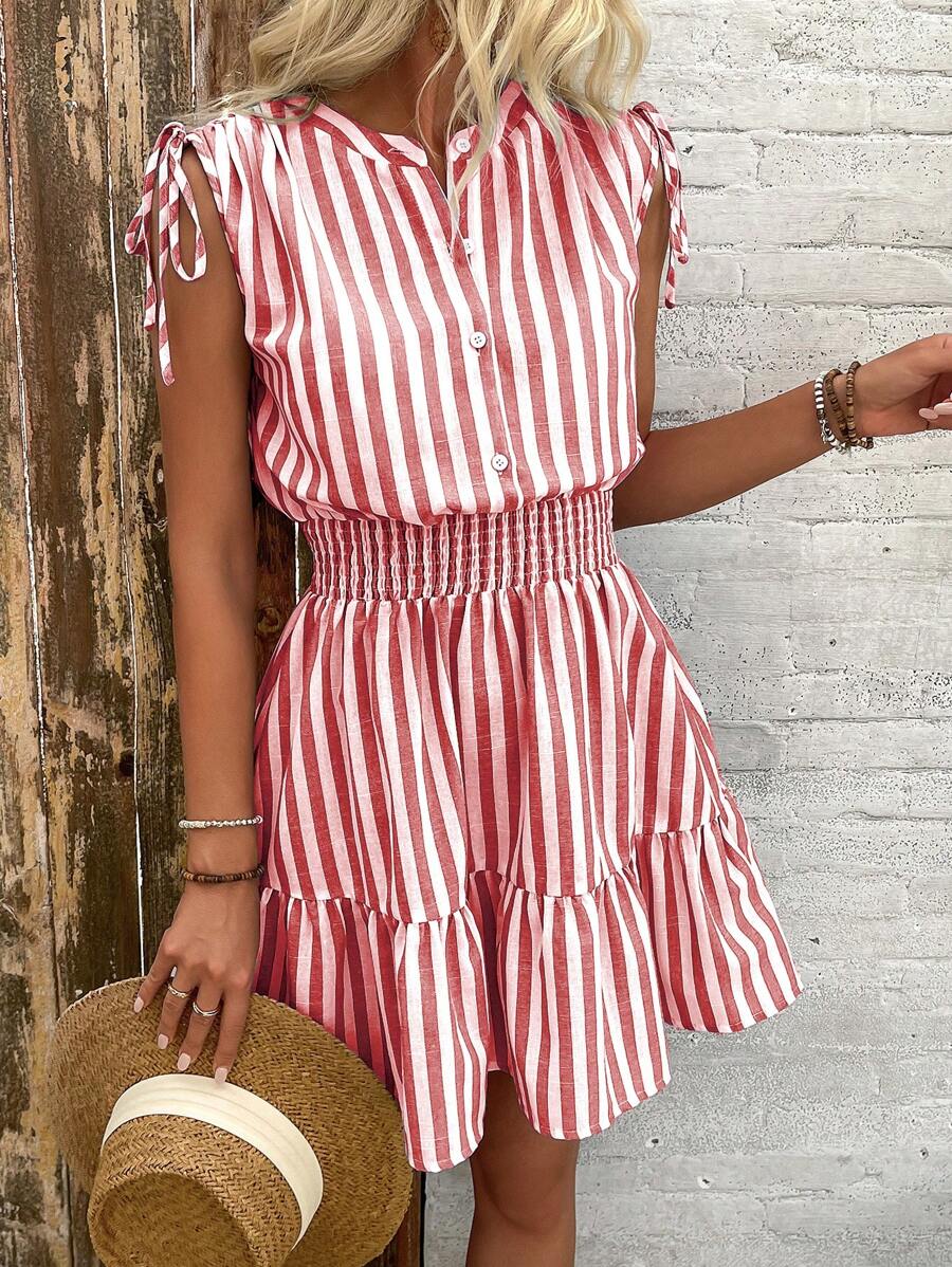 Calvaya Blue & White Striped Summer Dress With Shoulder Ruffle Bowknot And Waist Cinching For Women, Cotton