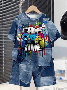 SHEIN Leap Crew Bộ 2 món áo thun tay ngắn cổ tròn in họa tiết hoạt hình tối giản cho bé trai tuổi mới lớn, mùa hè - Nhiều màu - Xem 1