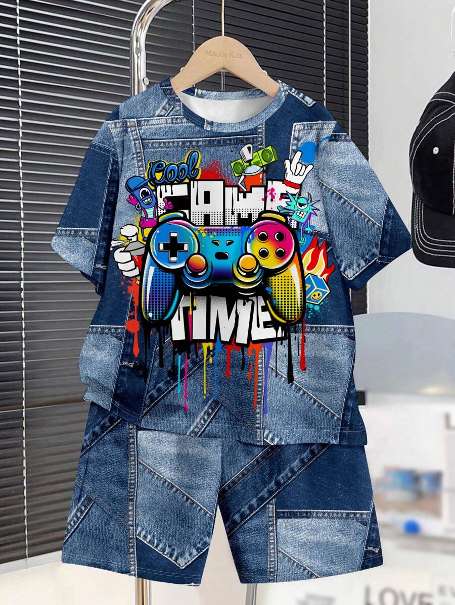 SHEIN Leap Crew Bộ 2 món áo thun tay ngắn cổ tròn in họa tiết hoạt hình tối giản cho bé trai tuổi mới lớn, mùa hè - Nhiều màu - Xem 1