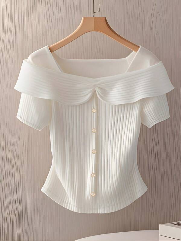 Tricou cu mânecă scurtă, cu mânecă scurtă, cu volane, cu nasturi în față