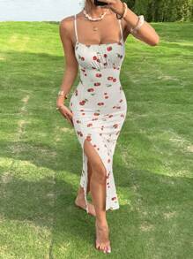 SHEIN EZwear Cherry Print Split Thigh Cami Maxi Summer Dress - Light Yellow - View 5