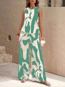 EMERY ROSE 2pcs/Set Women Summer Casual All-Over Print Round Neck Loose Tank Top And Pants Set - Green - View 3