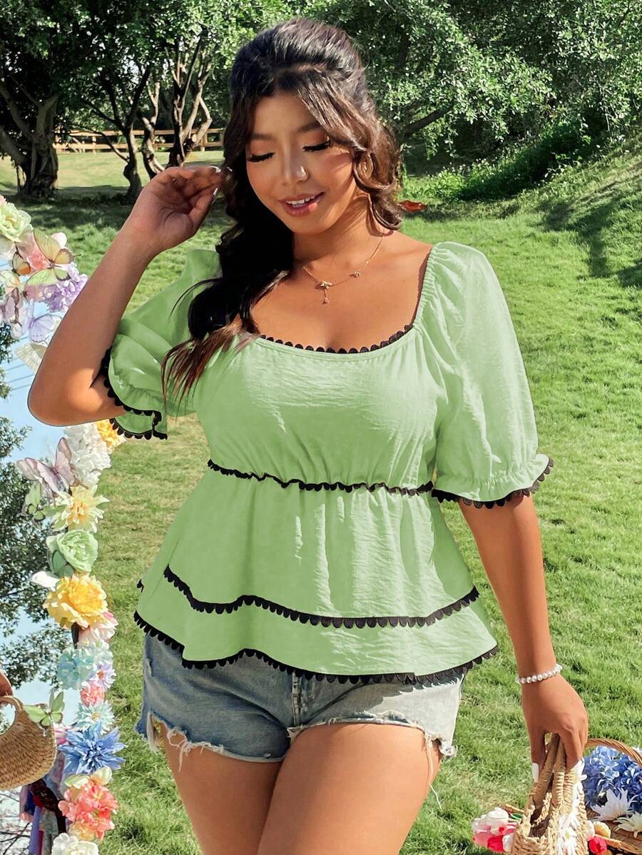 SHEIN LUNE 大码女式方领短袖撞色缎带拼接 A 字下摆收腰度假衬衫,娃娃装上衣 - 薄荷綠 - 查看 1