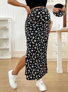 SHEIN Maternity Ditsy Floral Side Slit Adjustable Waist Casual Skirt  Maternity Skirt Maternity Dresses For Women - Cream - View 1