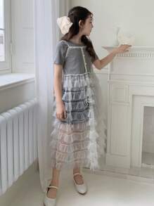 DAZY 2pcs/Set Tween Girls Solid Color Crew Neck Short Sleeve T-Shirt & Multi-Layer Tulle Ruffle Strap Dress, Summer Outfit,Back To School Clothes - Grey - View 3