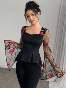 Modelyn Women's Floral Embroidered Mesh Patchwork Flare Sleeve Elegant Tops, Summer Tops, Work Tops