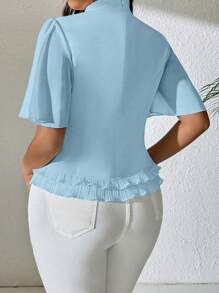 SHEIN Clasi Plus Size Petite Collar Pleated Ruffle Trim Short Sleeve Front Panel, Hem Splice Ruffle Trim Metallic Button Decor Elegant Blouse Women Summer Clothing Women S Clothes Woman S Summer Clothes Office Outfits For Women Women Blouses - Baby Blue - View 2