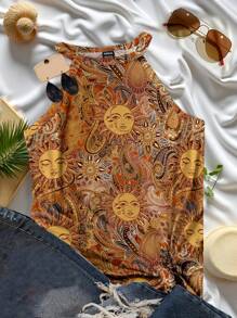 SHEIN LUNE 女士简约太阳神印花露背背心，适合夏季度假和海滩 - 彩色 - 查看 6