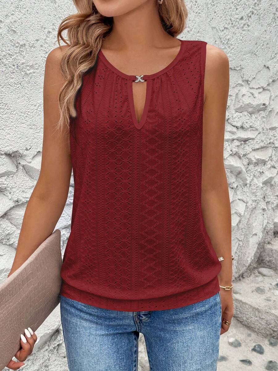 SHEIN LUNE 女士优雅纯色提花刺绣网眼面料圆领金属装饰锁孔无袖上衣 - 紅色 - 查看 1