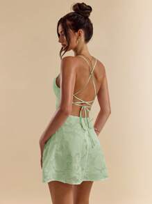 SHEIN BAE Spring And Summer Solid Color Pink Tight-Fitting Swing Collar Open Back Strap Texture Jacquard A-Line Ultra-Short Mini Dress For Women - Mint Green - View 3