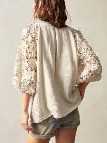 Bohemela Áo cánh tay ngắn cỡ lớn dệt ren tương phản đơn giản vừa vặn - Màu be - Xem 6