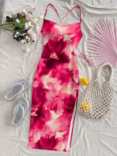 Soleia 墨水花卉印花无袖紧身连衣裙，女士休闲夏季假日装