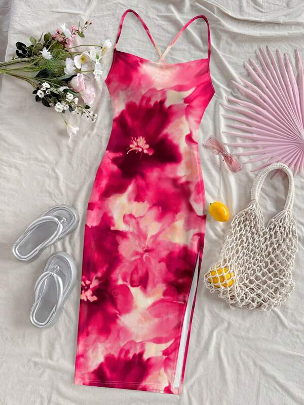 Soleia Vestido ajustado sin mangas con estampado floral de tinta, uso casual de verano para mujeres