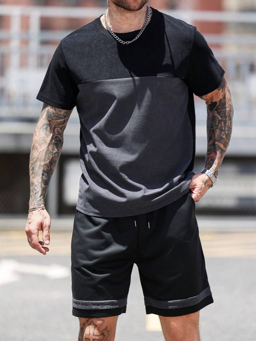 Manfinity Homme Men's Casual Colorblock Design Fitted Round Neck T-Shirt Set - Multicolor - View 1