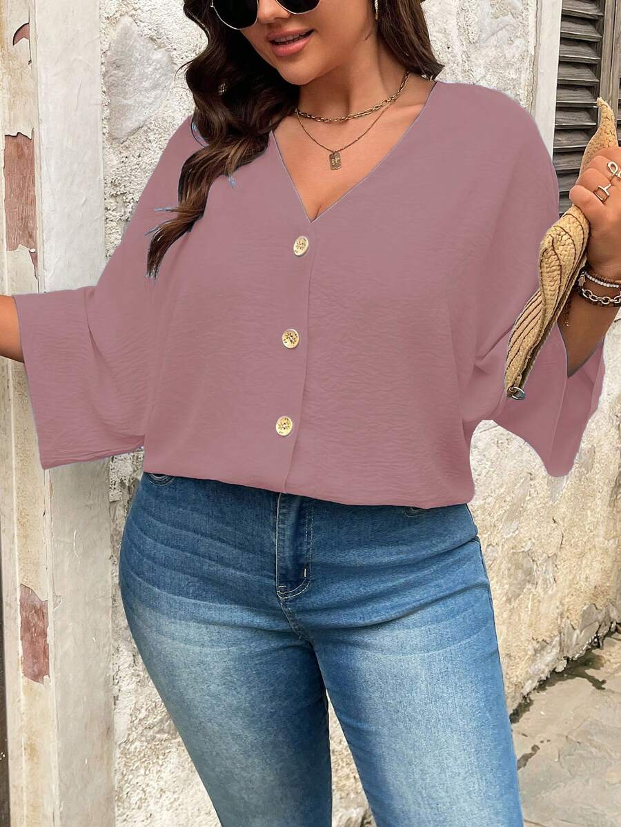 SHEIN LUNE Plus Solid Button Front Blouse For Travel Women Shirt - Dusty Pink - View 1