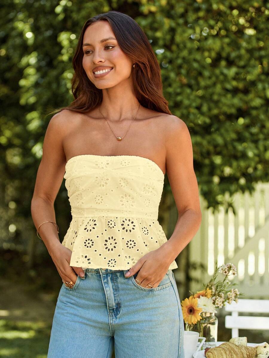 SHEIN VCAY 女士纯色抹胸上衣，夏季时尚 - 黃色 - 查看 1