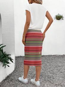 SHEIN LUNE Women's Casual Two-Piece Outfit: Knitted Striped Midi Skirt And Heart Print Short Sleeve Top Set Suitable For Going Out - Multicolor - View 2