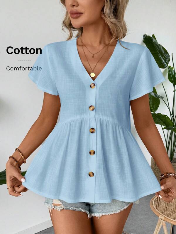 SHEIN LUNE Women's V-Neck Ruffle Flare Sleeve Gathers Ruffle Hem A-Line Shirt, Casual Vacation Vintage Cotton Front Open Blouse
