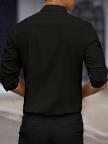 Manfinity Homme Men Contrast Trim Button Up Shirt For Autumn, Men Black Dress Shirt, Slim Men Shirt, Men Black Shirt With Blue Accents, Long Sleeve Top - Black - View 2