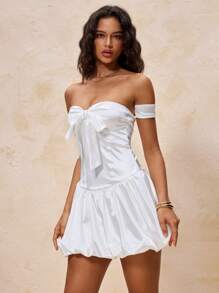 Glamine Vestido corto mini con hombros descubiertos, lazo y estilo globo de color blanco, ideal para citas, carnavales y fiestas