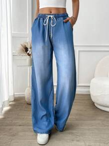 Breezaya 女士抽绳腰口袋直筒宽松休闲百搭牛仔裤 - 藍色 - 查看 4