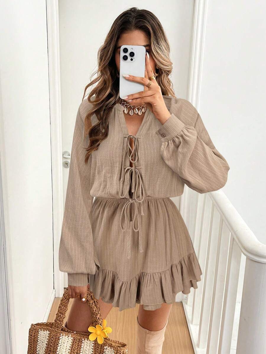 SHEIN Frenchy Damen Lässig einfarbiger Jumpsuit mit Vorderbindung und Langarm