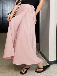 DAZY 女士纯色侧系腰长款休闲半身裙 夏季工作裙 女士短裙 夏季加大码女装 商务休闲长裙 亚麻长裙 - 粉色 - 查看 5