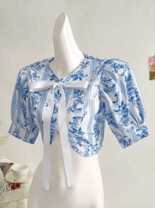 SHEIN MOD Top halter com estampa floral vintage, camisa de verão, camisa elegante, camisa boêmia, roupa feminina estilo resort - Multicolorido - Ver 3