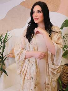 Modelyn 女士阿拉伯风格花卉印花礼服和连衣裙套装 米色连衣裙 奢华婚礼晚礼服 女士两件套 女士夏季服装 奶油黄色 花卉，端庄 - 彩色 - 查看 4