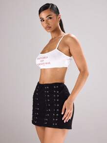 MUSERA Strappy Ribbed Slogan Cropped Cami Top Festival, Concert, Rave, Club, Summer, Sexy Backstage - White - View 2