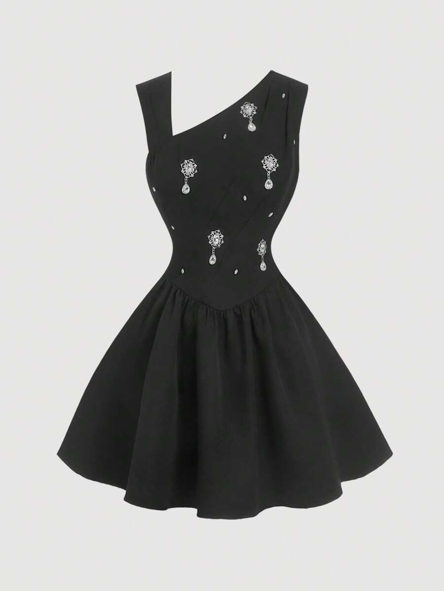 SHEIN MOD Black Asymmetric Mandarin Collar Mini Dress,Spring /Summer Dresses For Women,Elegant Dress,Black Dresses Classy Elegant,Goth Dress,Easter Dress,Graduation Dresses For Women,Wedding Guest Dress Women,Country Concert Outfit,Tea Party Outfit,Rave Outfit