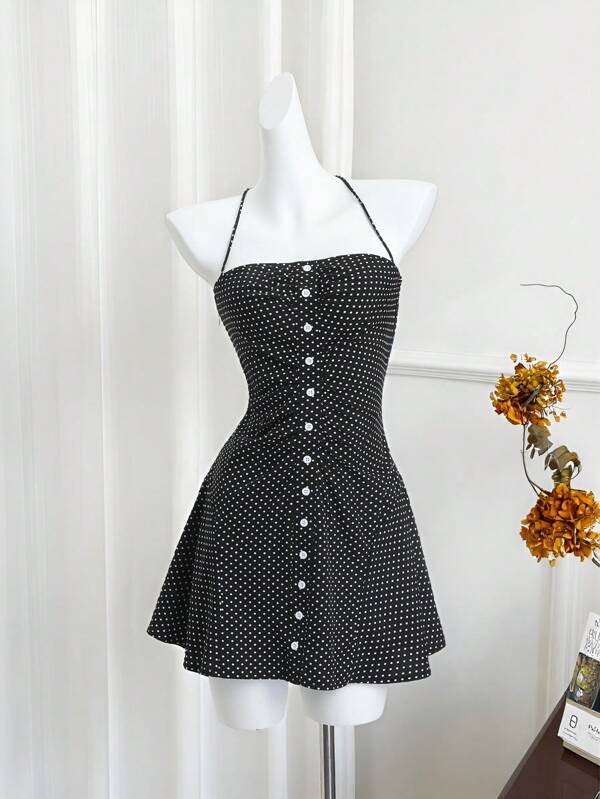 Sweetra Women's Summer Vacation Style Polka Dot Front Button-Up Halter Dress