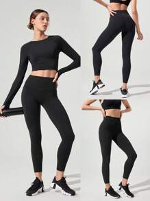 GLOWMODE 24'' FeatherFit™-Sculpt No Front Seam Tummy Control Butt-Lifting Active Leggings With Side Pockets Medium Impact Running Jogging Training Gym Workout - Black - View 10